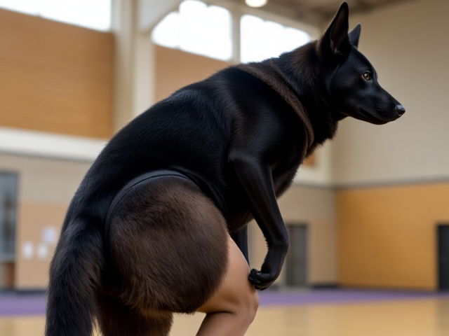 Anthropomorphic black German shepherd wearing a gymnastics leotard, posing with emphasis on its hips in a gymnasium setting, detailed and vibrant colors