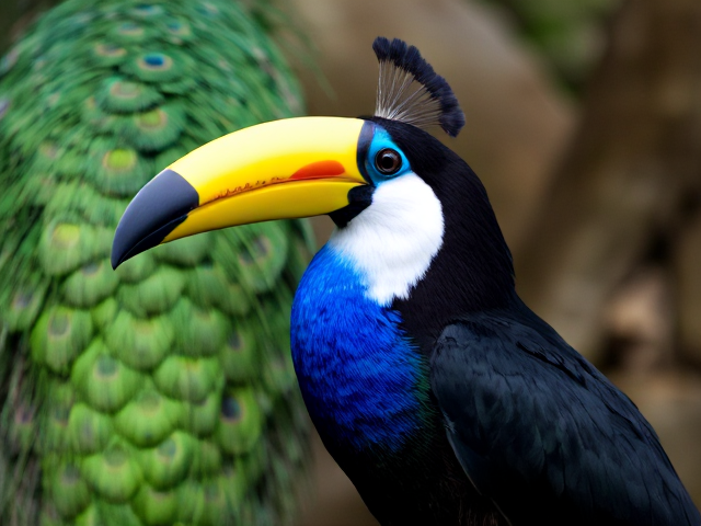 A tucan next to a green peacock