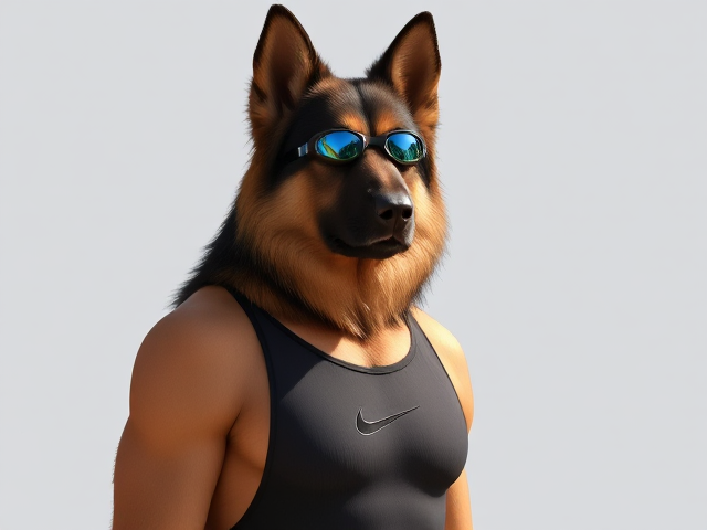 A tall anthropomorphic long haired German shepherd with a long torso and broad shoulders wearing a Nike high cut one piece swimsuit and swimming goggles