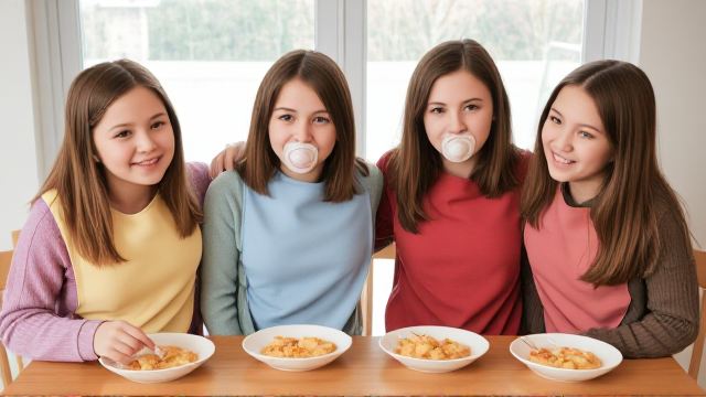 Quatre filles adolescentes aux cheveux lisses et dégagé et de différentes couleurs a l'avant assis a table  avec de la nourriture pour bébé  avec des grands bavoirs simple de différentes couleurs et des tétines en bouches elles ont des pull de différentes couleurs que les Bavoirs et avec des pantalons elle se font un gros câlin et il y a une grande fenêtre derrière la table