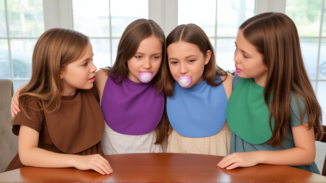 Quatre filles adolescentes aux cheveux lisses et dégagé et de différentes couleurs a l'avant assis à table avec des  grands Bavoirs simple de couleurs marron violet bleu et vert et des tétines en bouches elles sont en robe de différentes couleurs que les Bavoirs et ont des et elles se font un gros câlin et il y a une grande fenêtre derrière la table