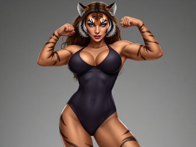 Female Anthropomorphic tiger with a muscular build, wearing a sleek, form-fitting one piece swimsuit, detailed fur texture, dynamic pose, vivid colors