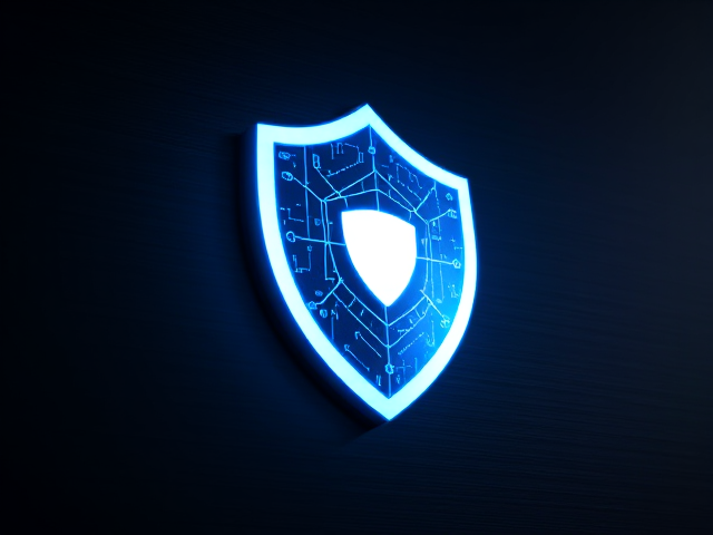 A futuristic shield icon glowing with a soft blue and teal gradient, embedded with intricate digital circuit patterns, symbolizing cybersecurity and protection, set against a sleek, dark background with a subtle metallic texture, the lighting is soft and balanced, with a clean, professional, and tech-focused atmosphere --v 5 --stylize 1000