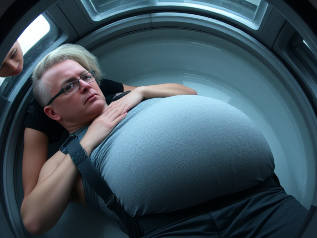 A middle age man of a medium build, glasses, and a receding hairline. His hair is mostly bald on top but appears darker at the sides. He has a serious expression. His body type is somewhat stocky, with a round and slightly protruding belly . He is wearing a sleeveless tight grey shirt and is wearing workpants, he is  laying flat on back inside a capsule with glass top. A young smaller woman, with silver-white hair, has an intense and piercing  expression as she stands on the outside (and behind the man to his left shoulder) of the capsule and touches the man and kisses his lips, The man looks over his left shoulder to see her, his expression serious and anxious. This scene suggests a moment of tension or confrontation between the two characters.
The grey  "hump" under the man's chin is the man’s round belly, as the angle of the shot is of the man laying down flat on back, harnessed in,strap going around round belly, arms still at the man’s sides.  and the camera is facing up from right under his round belly, camera angle adds to this effect