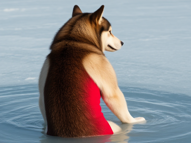 Anthropomorphic Alaskan malamute red lifeguard one piece swimsuit ice bath