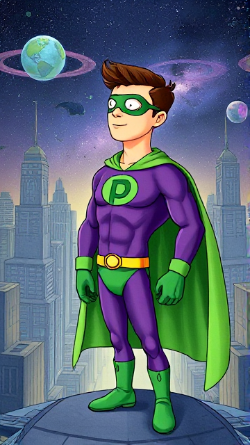 Modern Cartoon scene: A young, Autistic 25-year old boy with light skin and flat, smooth, and slick brown hair named T.J. Granger, but transformed into a genetically-altered superhero named Powerman, who, despite still being a young adult kid, has an extremely muscular body. He wears a sleek purple suit with a green P symbol on his chest, a gold belt with a circular buckle, green briefs, green boots, green long-cuffed gloves, a really big, toe-length long, ultra-wide green cape wreathed around his neck, and a green eye mask that protects his true identity. He also has incredible and invincible superpowers flowing through his veins. In this scene, Powerman is currently standing in the alien city on his masters' home planet of Zantal deep in outer space, where he looks up to the cosmic skies with a look of justice, sensing that something is wrong, and he knows he must investigate.