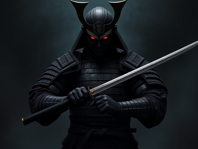 A naruto art style image of a dark, menacing samurai warrior in full battle armor stands ready, gripping his katana with both hands. The samurai’s face is hidden behind a fearsome mask with glowing red eyes. The background is shadowy and atmospheric, creating an ominous and intense mood. The image should be stylized in dark, gritty tones, with a focus on the samurai's details, including worn armor and the menacing aura around him.