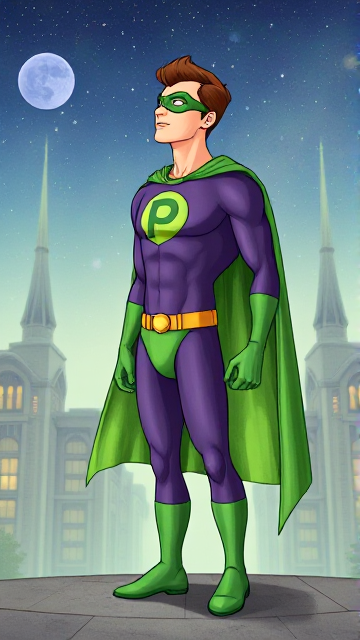 Modern Cartoon Movie scene: A young, Autistic 25-year old boy with light skin and flat, smooth, and slick brown hair named T.J. Granger, but transformed into a genetically-altered superhero named Powerman, who, despite still being a young adult kid, has an extremely muscular body. He wears a sleek purple suit with a green P symbol on his chest, a gold belt with a circular buckle, green briefs, green boots, green long-cuffed gloves, a really big, toe-length long, ultra-wide green cape wreathed around his neck, and a green eye mask that protects his true identity. He also has incredible and invincible superpowers flowing through his veins. In this scene, Powerman is currently standing in the alien city on his masters' home planet of Zantal, where he looks up to the cosmic skies, sensing that something is wrong, and he knows he must investigate.