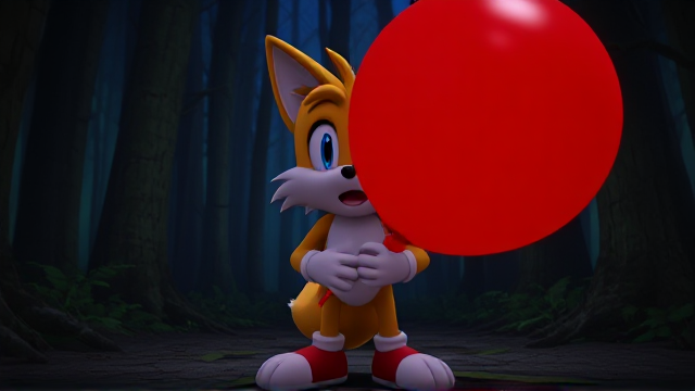 Tails the Fox gets very scared in the dark spooky forest holding a big red rubber balloon with his knees touching inwards SEGA Video Game