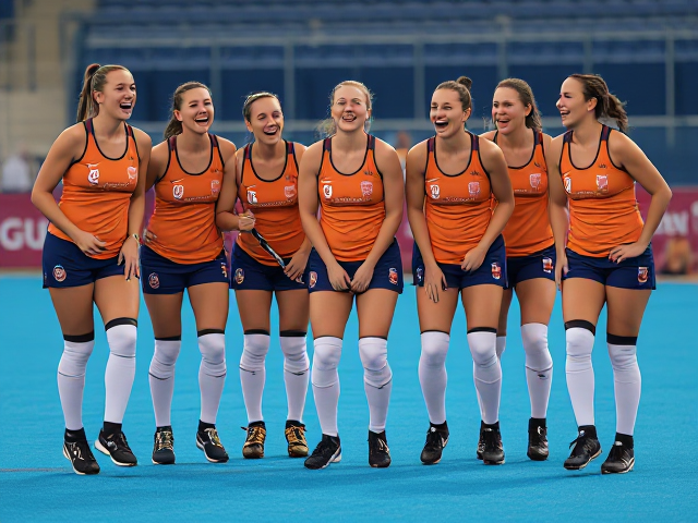 Olympic women’s field hockey team with thigh high socks and knee pads howling in hysterical laughter
