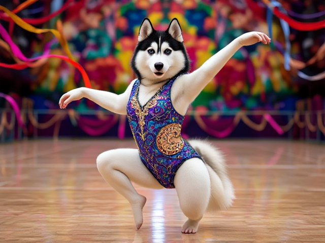 Anthropomorphic Siberian husky with bright blue eyes, fluffy fur, and a vibrant gymnastics leotard adorned with sparkling sequins and intricate patterns, striking an elegant and dynamic pose on a polished gym floor, surrounded by swirling ribbons and a vibrant kaleidoscope background