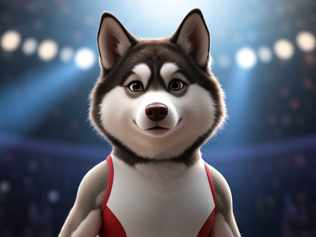 A Alaskan malamute Olympic gymnast with broad shoulders wearing a leotard