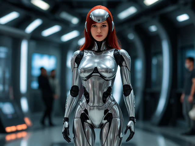 Futuristic female robot with sleek design, metallic skin, in a high-tech environment, red hair, full head hair, 
head, legs ,body, human face, full body , legs , on charging stand