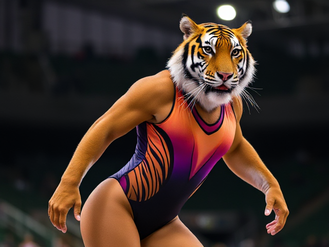 Tiger wearing a vibrant gymnastics leotard, sleek and elegant design, dynamic pose, detailed fur texture, bright lighting, gymnastic arena background