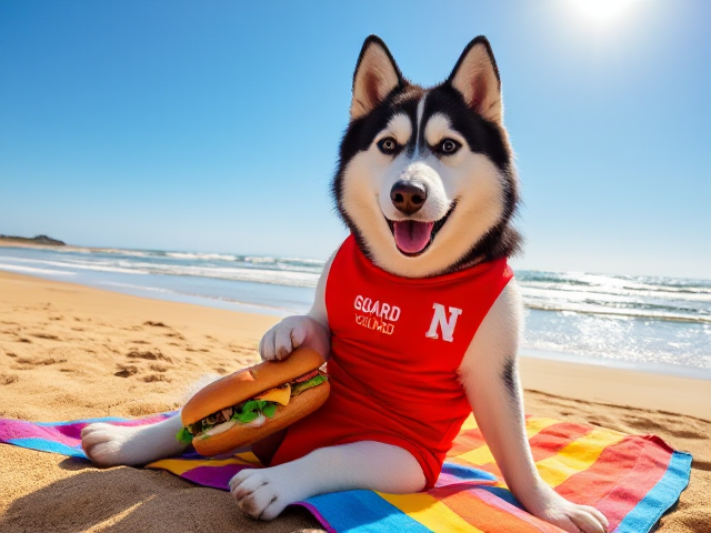 Anthropomorphic Alaskan malamute with large expressive eyes, wearing a bright red lifeguard swimsuit, sitting on a colorful beach towel while enjoying a sub sandwich, surrounded by golden sand and gentle ocean waves under a clear blue sky, sun shining brightly