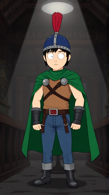 Dramatic Cartoon scene: Stan Marsh from South Park, light skin and black hair, but as a 14-Year Old teenager with a muscular torso, dressed as a medieval warrior, wearing a light brown tank top, a black belt with a silver square buckle adorned with a red castle emblem, blue jeans, steel armored boots, jeweled wrist cuffs, a really big, heel-length long, ultra-wide green cape held up by two silver buttons with red jewels with a strong unbreakable wire connecting them both, and a blue helmet with buffalo emblems on both sides, outlined by silver steel rims going around and across the top, with a really long red feather sticking out at the top. He is now known as Sir Marsh. Despite still being a teenage kid, he is the Youngest Commander of the Zaronian Army, and one of the youngest and greatest heroes hailing from South Park, Colorado, but now reborn as the real life Kingdom of Kupa Keep, Zaron. The young teenage hero is currently standing in a dark, abandoned tavern, intently awaiting the arrival of someone he knows.
