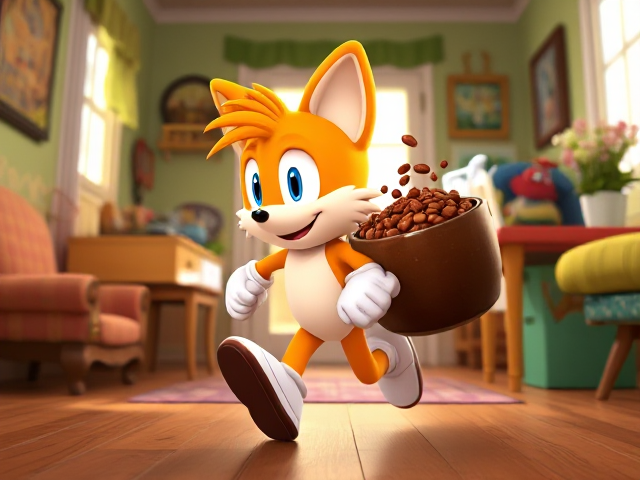 A young and adorable depiction of a smaller, younger version of Miles "Tails" Prower wearing gloves and white socks. He is running through a brightly lit, colorful house with playful decorations and furniture, carrying a GIANT pot of baked beans that he totally didn't steal. Beans are splashing out of the pot as Tails mischievously looks behind him to ensure he isn't being chased. His two tails are flowing behind him dynamically, adding to the sense of motion and excitement in the scene.
