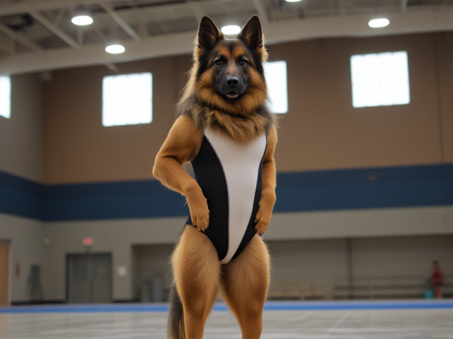 A anthropomorphic long haired German shepherd with large hips stands tall wearing a gymnastics leotard in a gymnasium