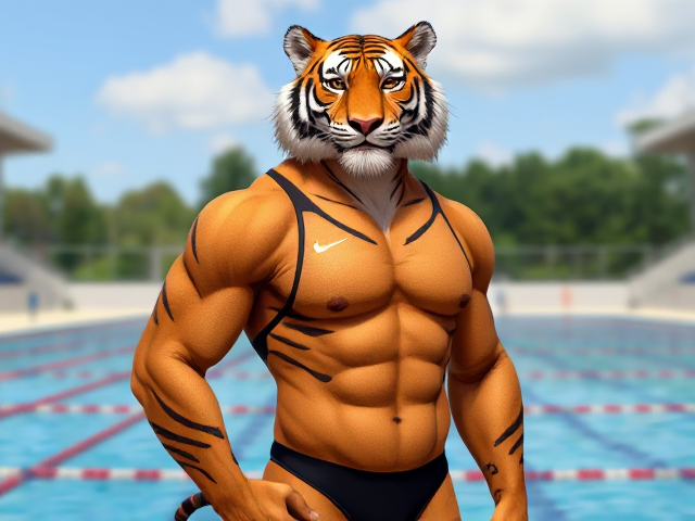 A tall and lean anthropomorphic tiger with a long torso and broad shoulders, wearing a high-cut Nike one piece swimsuit, while standing next to a Olympic swimming pool