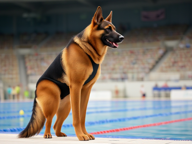 A tall ((anthropomorphic)) German shepherd Olympic swimmer with a long torso  wearing a one piece swimsuit standing on the pool deck