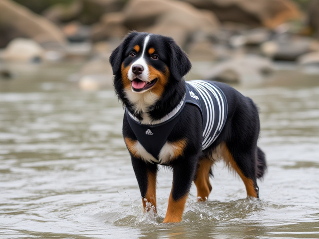 A Bernese mountain dog wearing an adidas swimsuit