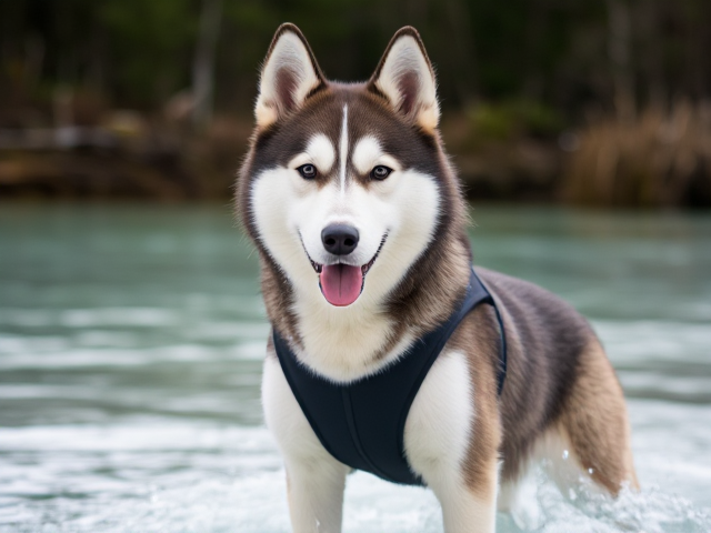 A anthropomorphic Siberian husky wearing a neoprene swimsuit