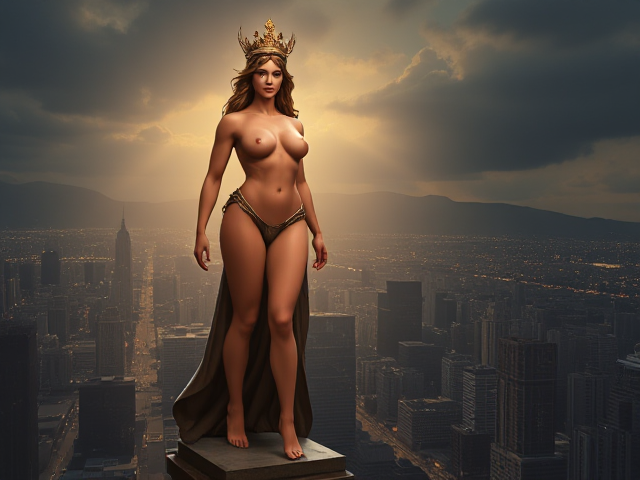 15-years-old towering statuesque goddess, depicted as a strong and majestic woman, with muscular definition, standing over a realistic cityscape under dramatic lighting, highly detailed skin textures emphasizing strength and beauty