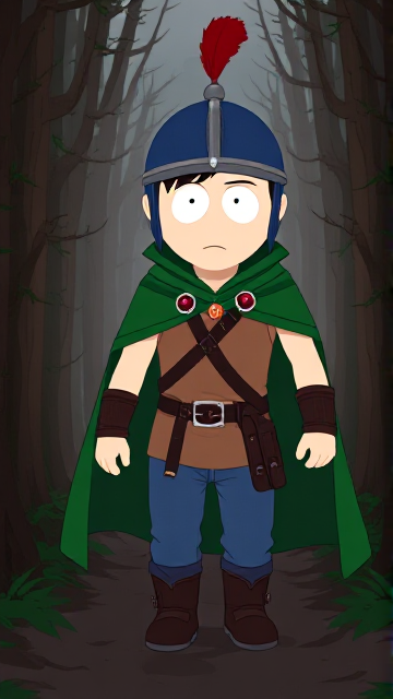 Dramatic South Park scene: Stan Marsh from South Park, light skin and black hair, but as a 14-Year Old teenager with a muscular torso, dressed as a medieval warrior, wearing a light brown tank top, a black belt with a red buckle adorned with a castle emblem with brown pouches and the scabbard for his enchanted sword attached to it, blue jeans, steel armored boots, jeweled wrist cuffs, a really big, heel-length long, ultra-wide green cape held up by two silver buttons with red jewels with a strong unbreakable wire connecting them both, and a blue helmet with buffalo emblems on both sides, outlined by silver steel rims going around and across the top, with a really long red feather sticking out at the top. He is now known as Sir Marsh. Despite still being a teenage kid, he is the Youngest Commander of the Zaronian Army, and one of the youngest and greatest heroes hailing from South Park, Colorado, but now reborn as the real life Kingdom of Kupa Keep, Zaron. In this scene, the young teenage hero is currently walking through a dark forest, traversing a dangerous bramble maze as he searches for the way out.