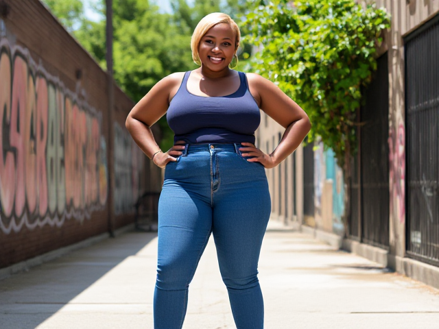 photo of a beautiful thick curvy 24 year old black woman, with short blonde hair, wearing tight fitting blue jeans that accentuate her curves, stylish flat sandals, standing confidently in an urban setting, with vibrant graffiti on the walls and greenery in the background, bright sunlight illuminating her complexion, showcasing her joyful smile and expressive eyes