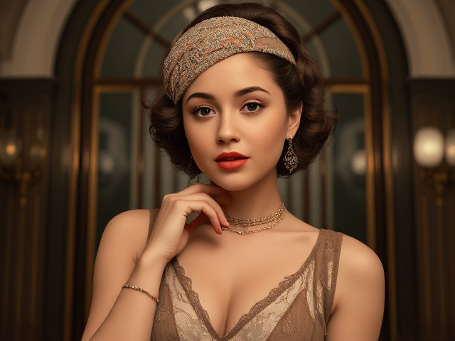 Ariana Grande styled in 1930s fashion, wearing vintage clothing, set against an Art Deco background, with soft lighting and a sepia tone effect