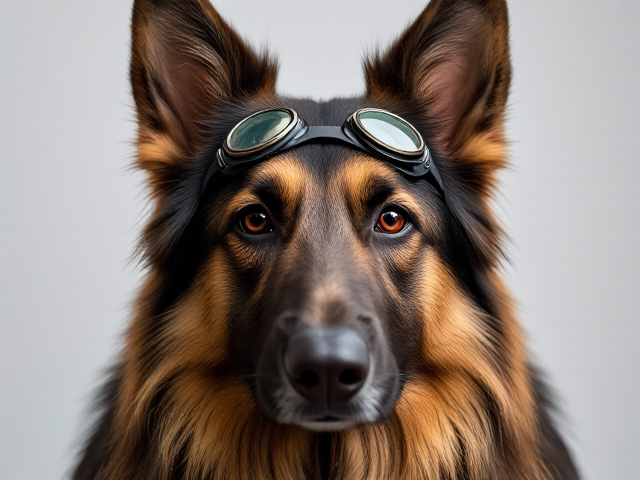 A long haired German shepherd wearing swimming goggles