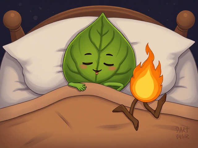 Leaf with a face with two arms and two legs sleeping in a bed with a flame with two legs and two arms & a face