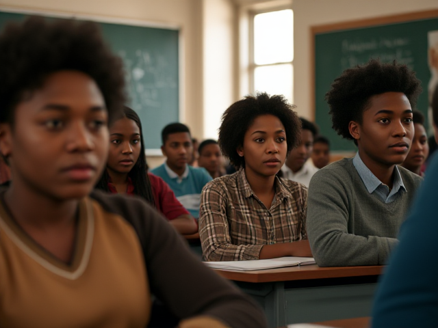 Élèves afro-américains dans une salle de classe, ambiance studieuse et chaleureuse, tableau noir avec écriture visible, lumière naturelle entrant par la fenêtre