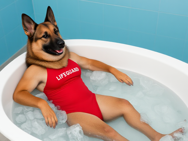 A anthropomorphic German shepherd wearing a red lifeguard one piece swimsuit sitting in a ice bath relaxing her sore muscles