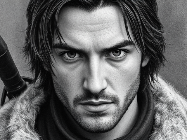 Generate an image/portrait of a medieval hunter.  He is a human, 25 years old, has middle lenght, black, bit greasy slicked back hair and grey eyes. Slightly oval face. His is clean shaven.