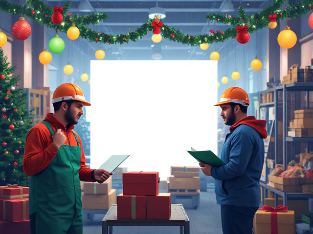 genere moi une image aux couleurs de noel ou je peux y voir des ouvriers avec de la place au milieu pour que je puisse mettre le logo de mon entreprise