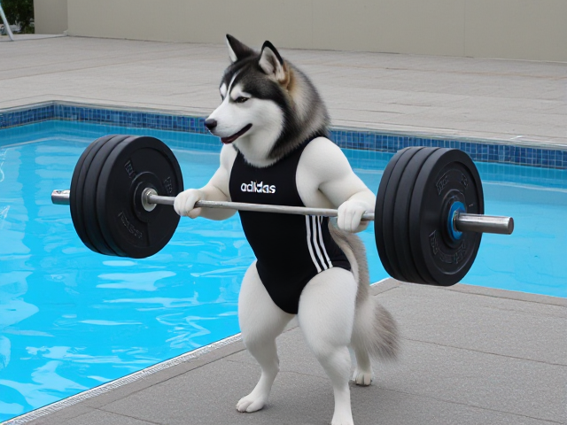 A anthropomorphic Siberian husky wearing an adidas swimsuit deadlifting a barbell on a pool deck