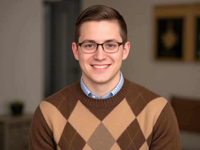 Clean cut, short haired nerdy thirty-something wearing a brown and tan argyle sweater and smiling at the viewer