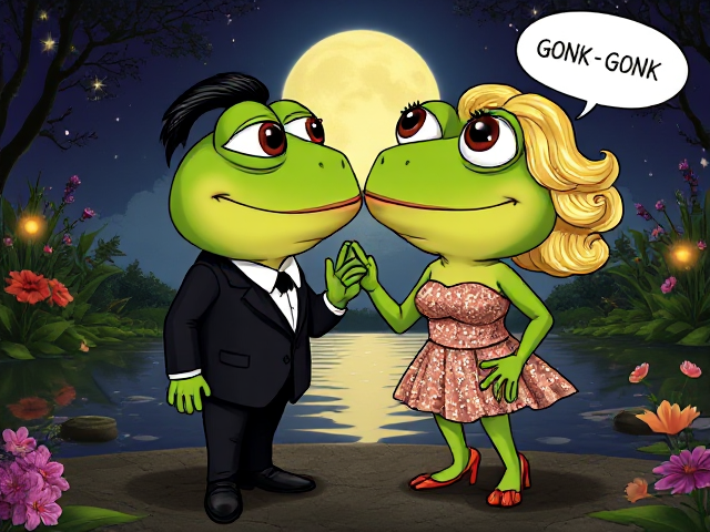 A very cartoon frog wearing a dark suit with slicked-back Elvis Presley hair, a French mustache, and polished shoes, standing next to another frog in a strapless sequined dress with big eyelashes, blonde curly hair, and high heels. Their lips are puckered as if to kiss, with their eyes bulging out like a old cartoon against a romantic moonlit background with twinkling stars and soft glowing light reflecting on a serene pond surrounded by blooming flowers and lush greenery. Eyes are shooting out . There are speech bubbles saying "gonk gonk" there eyes are sticking out of there heads