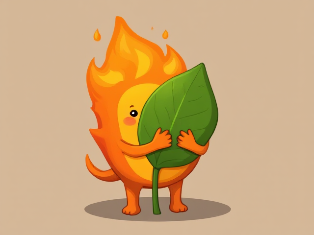 Fire with two arms and two legs hugging a leaf with two arms and two legs