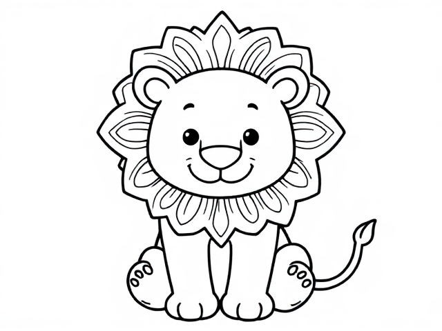 Create a simple black-and-white coloring page featuring a cute little lion designed in a sketch style. ensure  lion in full-body outline in a mandala style, use only outline ensuring it appears playful and approachable for young children aged 2 to 4. Design simple lion with basic, friendly features, emphasizing a round body Include a friendly expression to enhance its inviting character.
