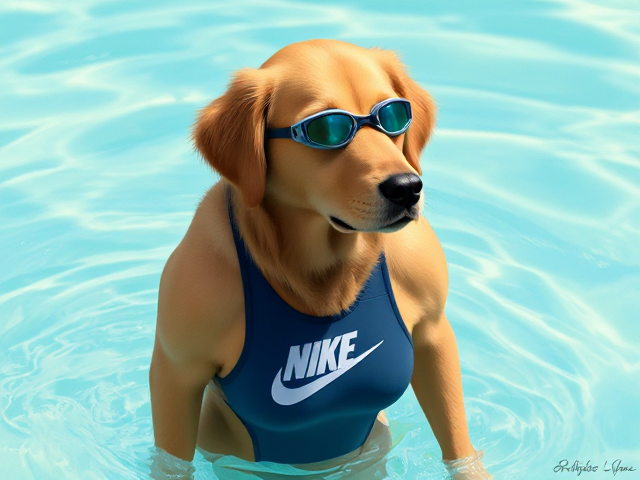 A anthropomorphic golden retriever with a long torso wearing a high cut Nike one piece swimsuit and swimming goggles