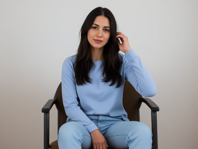 Brunette with dark hair wearing a light blue long sleeve t shirt and light blue jeans sitting on a chair