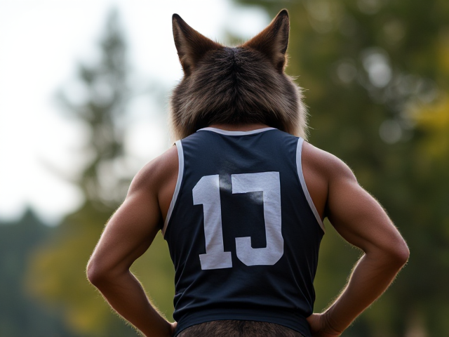 A anthropomorphic wolf wearing a maillot