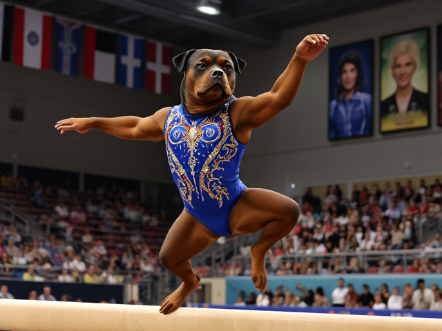 Anthropomorphic Rottweiler with a muscular physique, wearing a vibrant, intricately designed gymnastics leotard adorned with sparkling sequins and colorful patterns in shades of blue, gold, and red. The leotard fits snugly against the dog's toned body as it performs an extraordinary and complex routine on the balance beam, showcasing a series of flips and pirouettes. The scene captures the dog's impressive agility and strength; its expressive eyes showing fierce determination and unwavering focus. The detailed fur texture is rendered with lifelike realism, each strand of fur visible with subtle highlights under the gymnasium lights. The well-lit gymnasium setting includes a captivated audience, some with cameras flashing, seated in stadium-style seating that stretches into the background. Banners and flags from different countries hang overhead for added authenticity; vibrant posters line the walls depicting various gymnastics legends