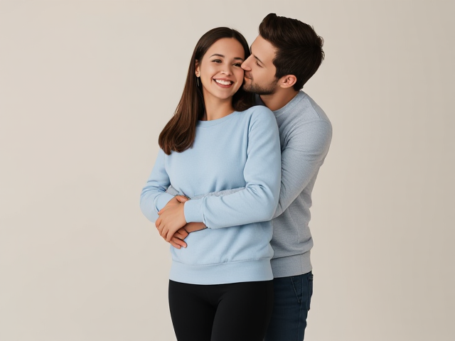 Thin Brunette wearing a light blue sweatshirt and black yoga pants smiles as her husband hugs her and kisses her