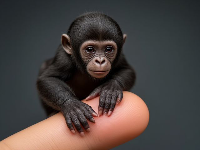 Photorealistic, 34k, A micro baby gorilla perched on a human finger, ar 9:16 style raw 
stylize 750