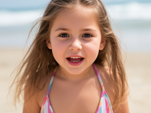 Little girl in a bikini surprised