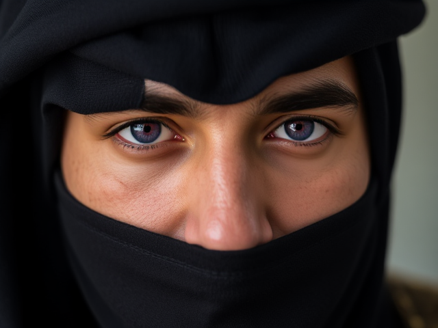 Tan, violet siren eyes, male, Arab, mask, black hair covered, no eye bags, military