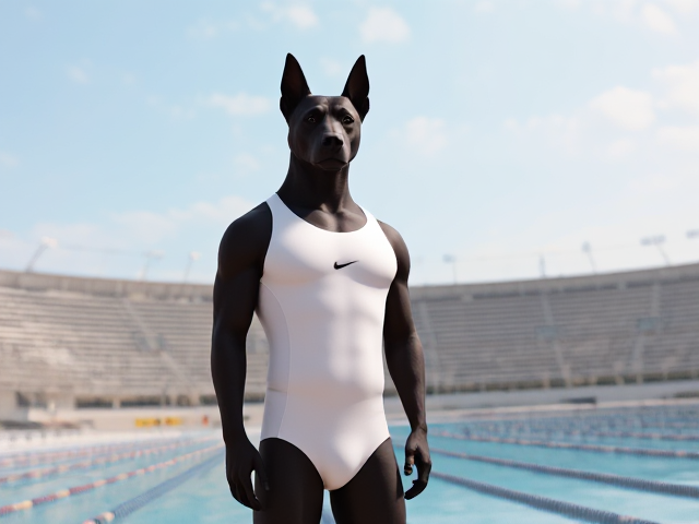 A tall anthropomorphic black German shepherd with a long v-shaped torso, broad shoulders and a narrow waist, wearing a white Nike one piece swimsuit while standing next to a Olympic-Sized swimming pool